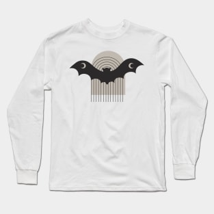 Watercolor Black Bat Crescent Moon Wings Flies across a Taupe Boho Arch Long Sleeve T-Shirt